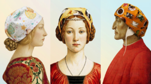 Cuffie per capelli con fantasie diverse indossate da tre ritratti rinascimentali (immagine generata da IA)